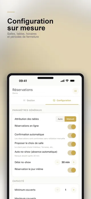 Réglages des horaires d'ouverture et de la capacité d'accueil — QTable mobile