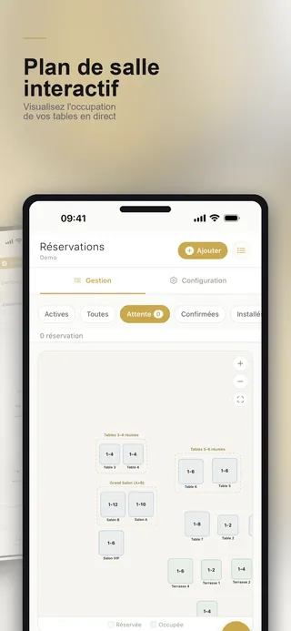 Plan de salle avec tables occupées et disponibles en temps réel — QTable mobile