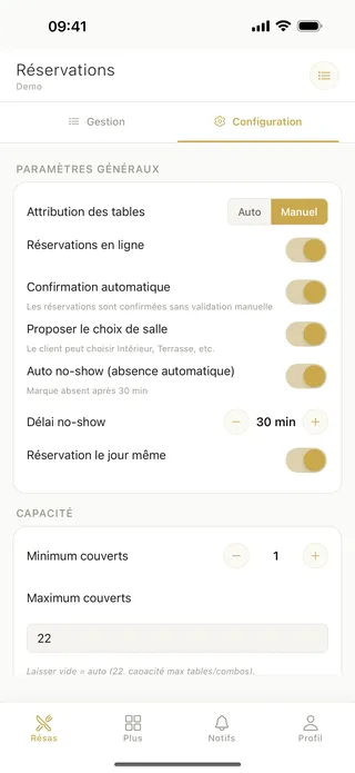 Page de configuration des paramètres du restaurant dans l'application QTable