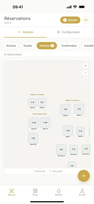 Visualisation du plan de salle avec attribution automatique des tables — QTable mobile